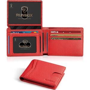 RUNBOX Red Wallet for Men Slim Rfid Leather 2 ID Window With Gift Box